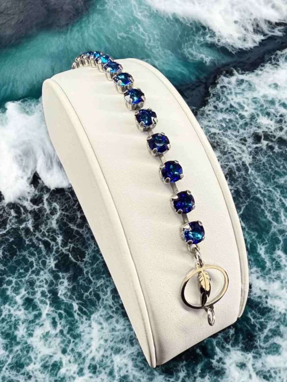 Deep Calls To Deep - Austrian Crystal Bracelet With Feather - Teal Blue